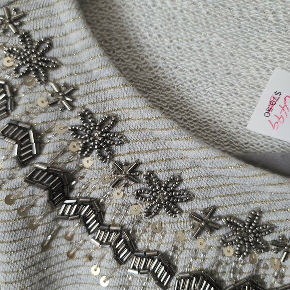 Talbots 3/4 Sleeve Top Blouse Sequin Neck XS Gray w Metallic Stripes Preppy NWT - Picture 5 of 9